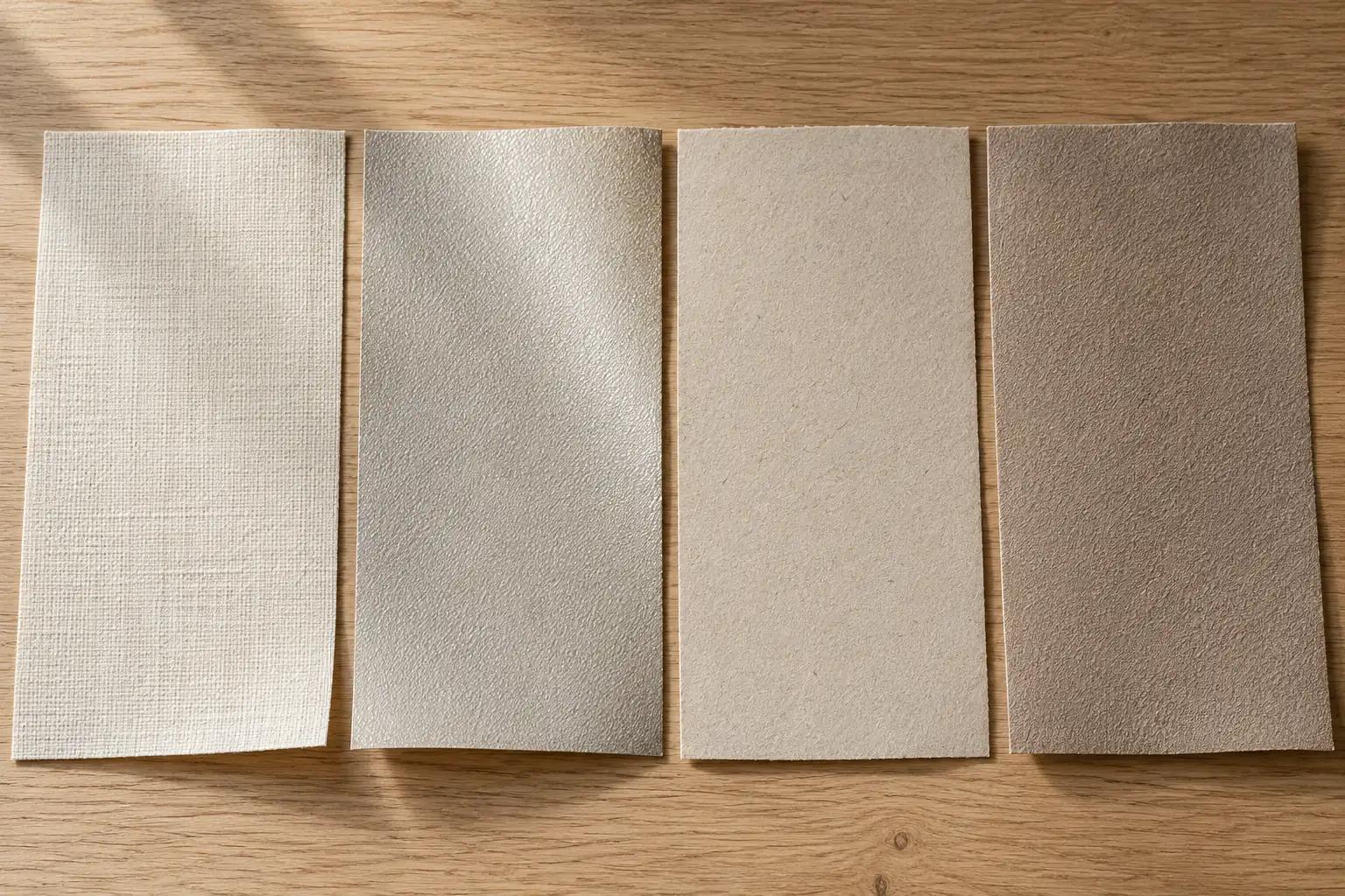 Fire tapetprøver i ulike materialer side om side på et lyst bord: matt non-woven med linstruktur, vinyl med svak glans, papir og et tykkere våtromsmateriale.