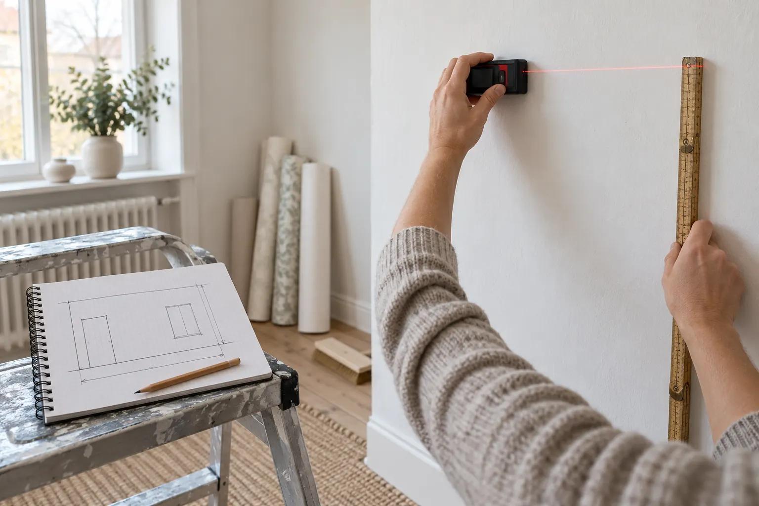 Person måler en hvit vegg med laseravstandsmåler og tommestokk, med skisse av veggen på en gardintrapp.