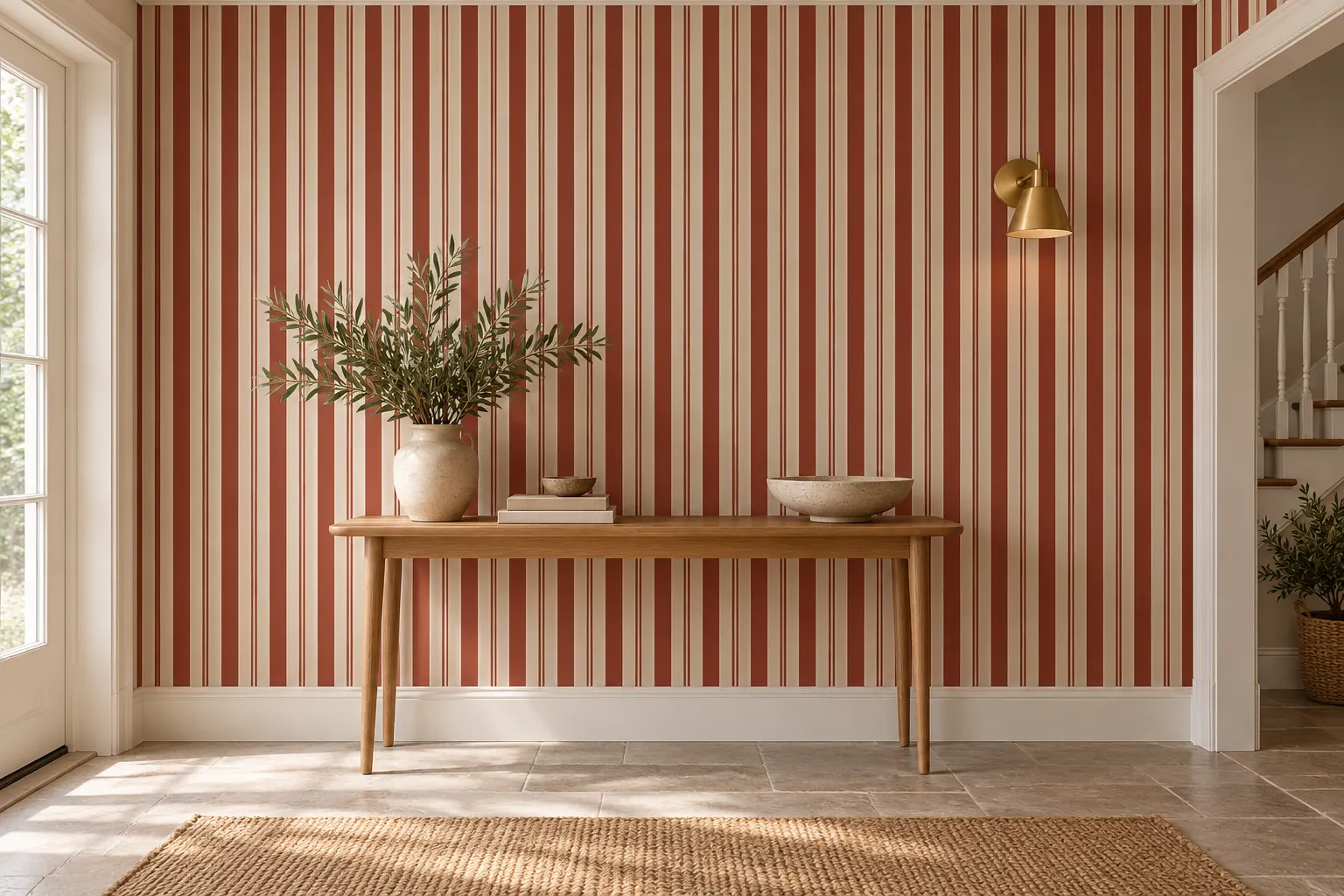 Entré med smalt eikebord og messinglampe foran en vegg med oksblodrød og kremfarget stripetapet.