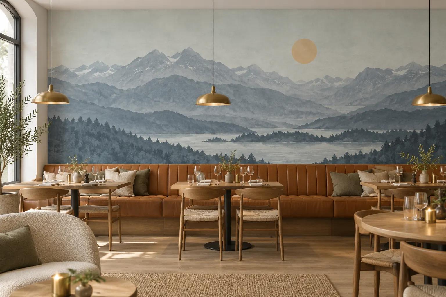 Restaurant med fototapet av fjell og innsjø over en lang skinnbenk, spisebord og messinglamper.